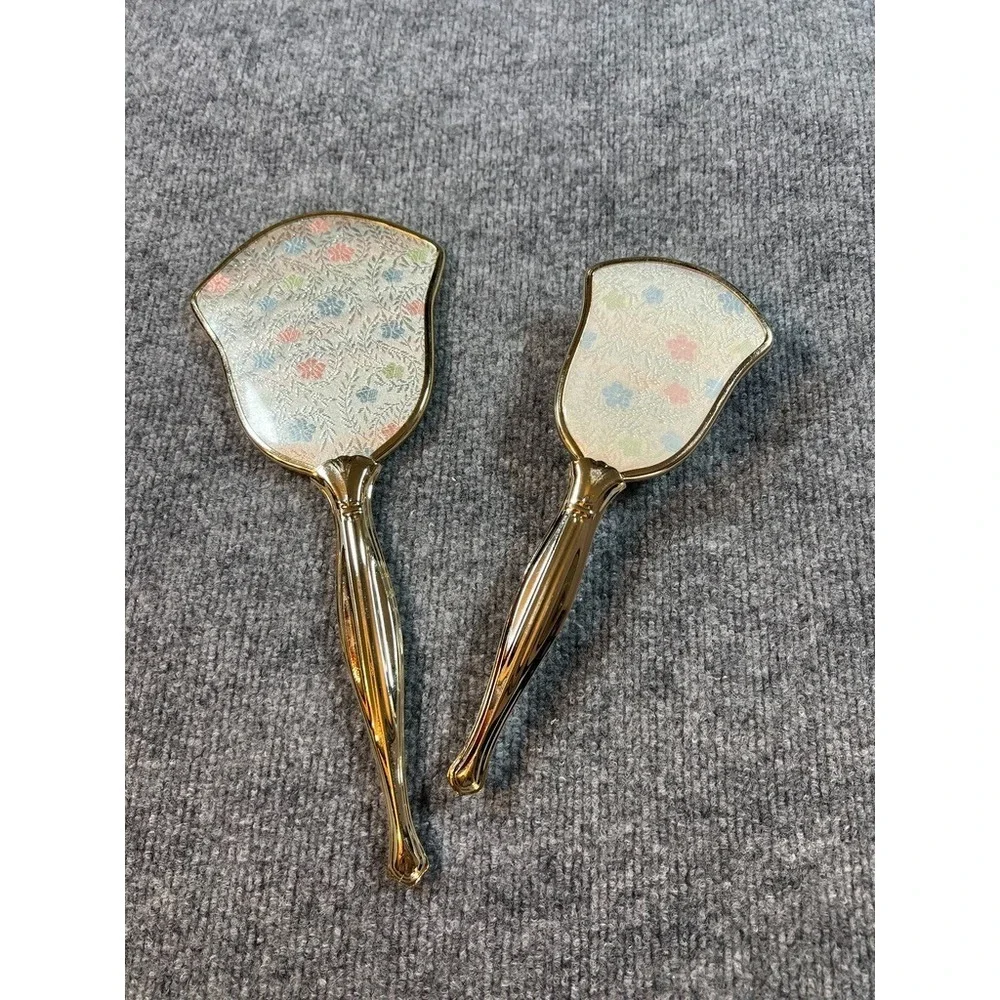 Vintage Gold Vanity Hand Mirror & Brush Set Floral Brocade Back Mid Century Boud